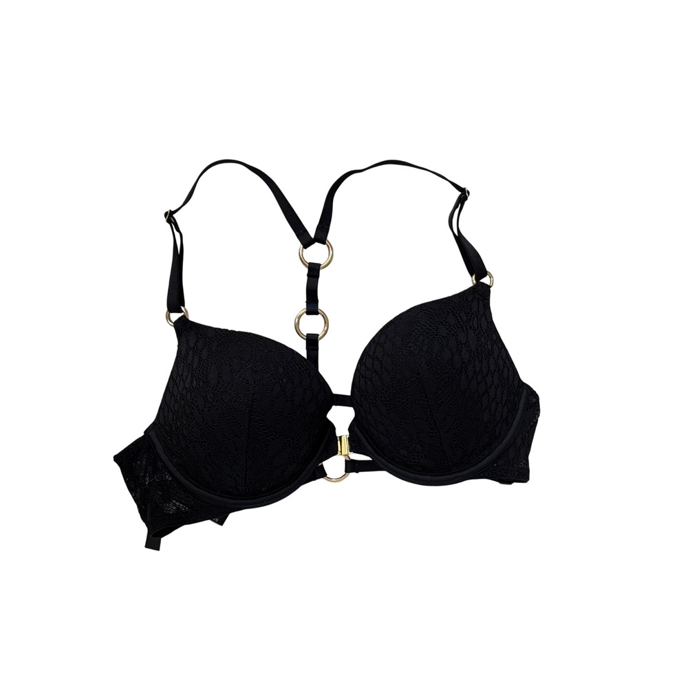 Victorias Secret Very Sexy Push-Up Bra Black Lace Gold Ring Hardware 34B NWT New